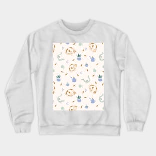 Seamless pattern with cats, falling leaves, lights, cozy home stuff Crewneck Sweatshirt